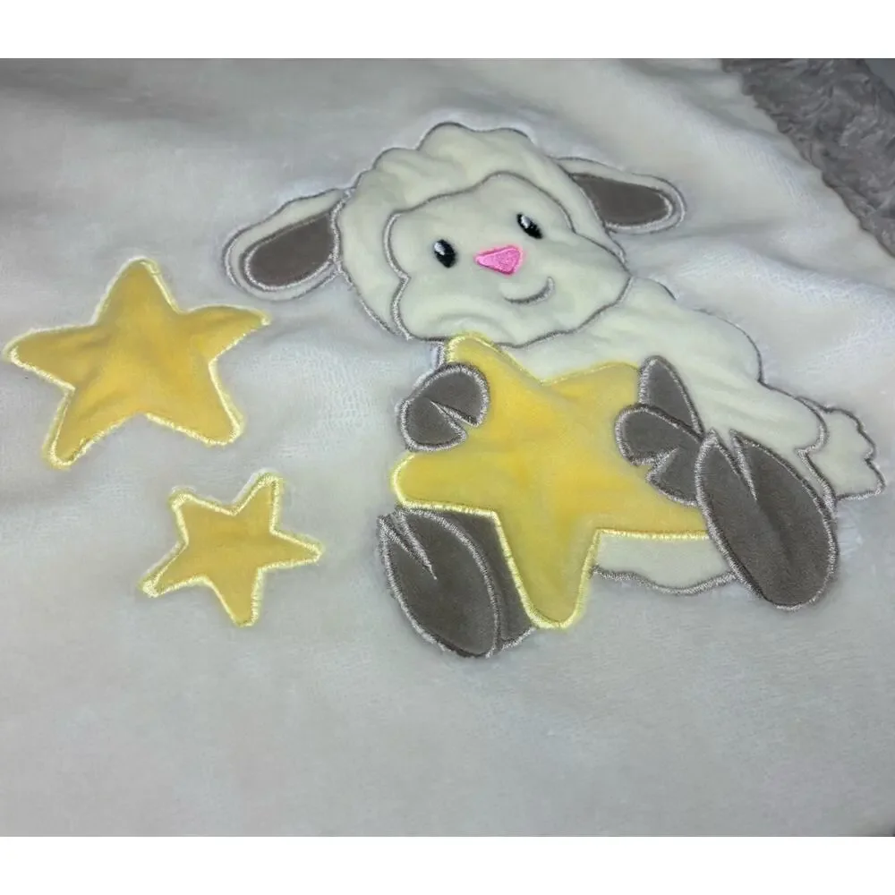 Little Miracles Lamb Baby Blanket Stars White Cream Plush Gray Trim Sheep